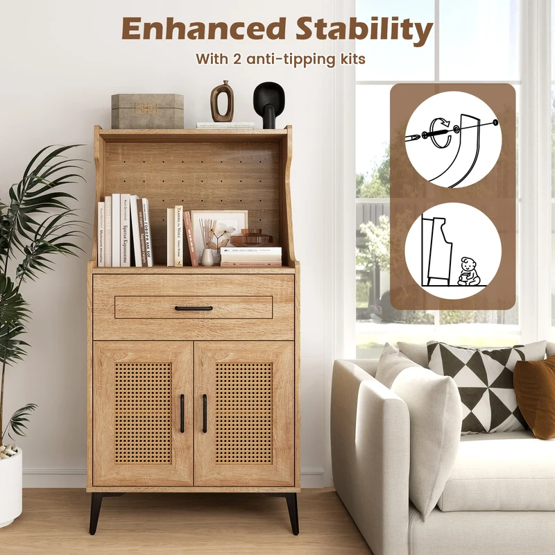 Coffee Bar Cabinet With Pegboard, Storage Drawer, Adjustable Shelf, Oak