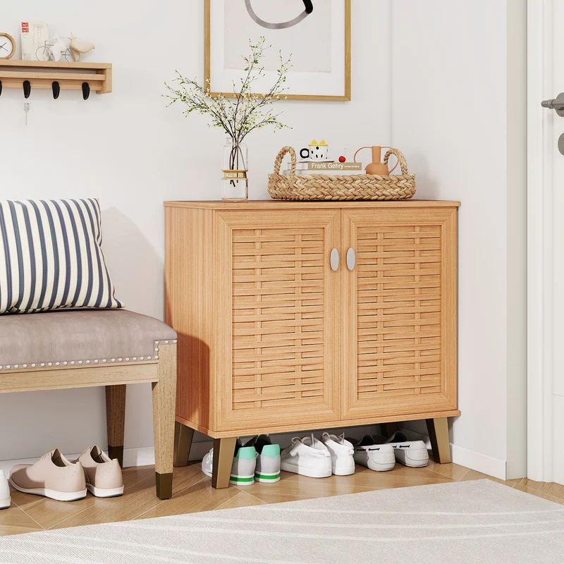2-Door 4-Tier Shoe Cabinet, Ventilated Woven Doors, Teak