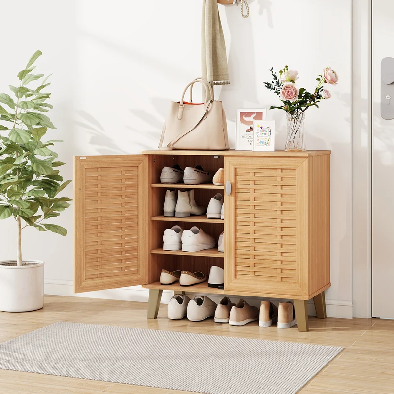 2-Door 4-Tier Shoe Cabinet, Ventilated Woven Doors, Teak