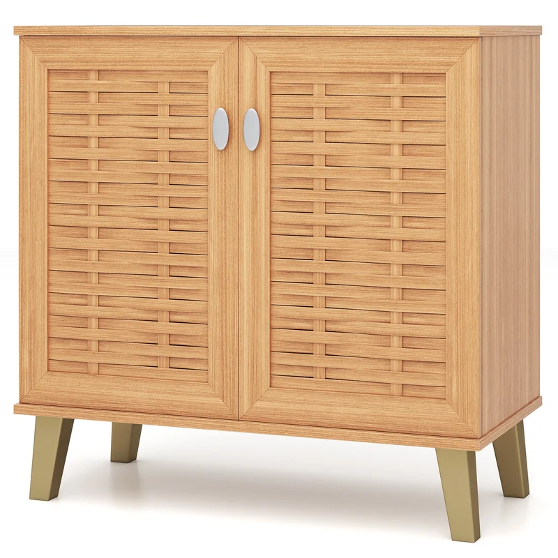 2-Door 4-Tier Shoe Cabinet, Ventilated Woven Doors, Teak