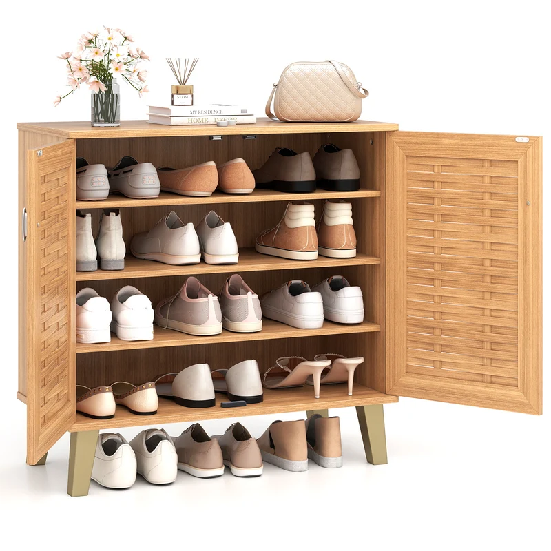 2-Door 4-Tier Shoe Cabinet, Ventilated Woven Doors, Teak