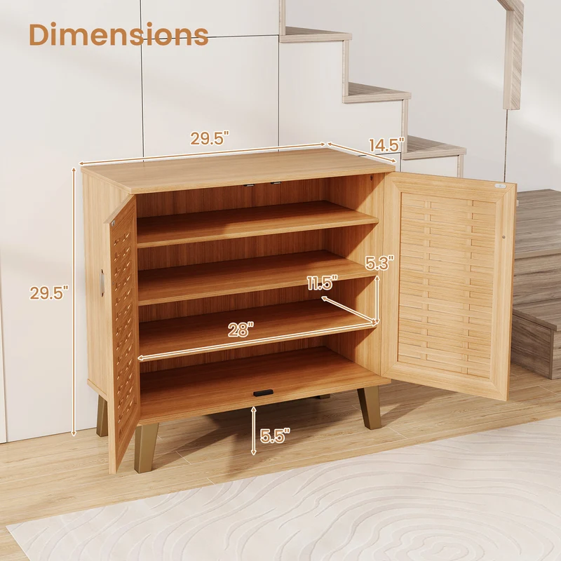 2-Door 4-Tier Shoe Cabinet, Ventilated Woven Doors, Teak