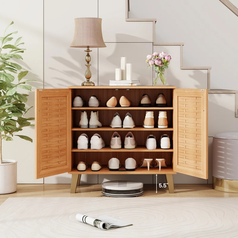 2-Door 4-Tier Shoe Cabinet, Ventilated Woven Doors, Teak