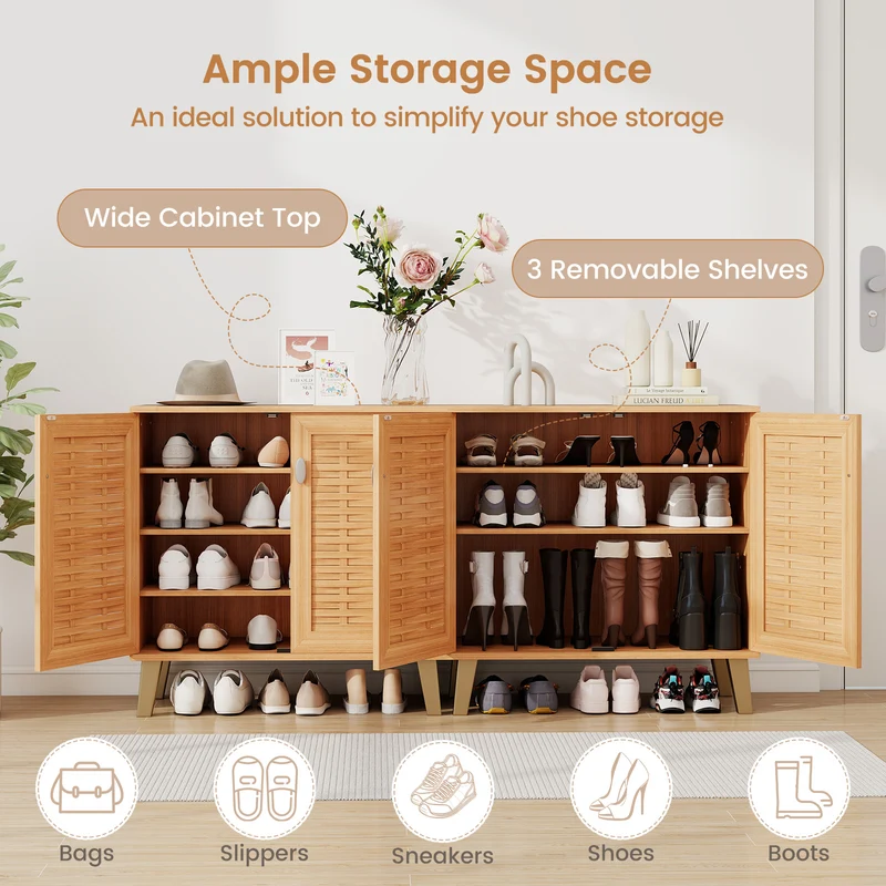 2-Door 4-Tier Shoe Cabinet, Ventilated Woven Doors, Teak