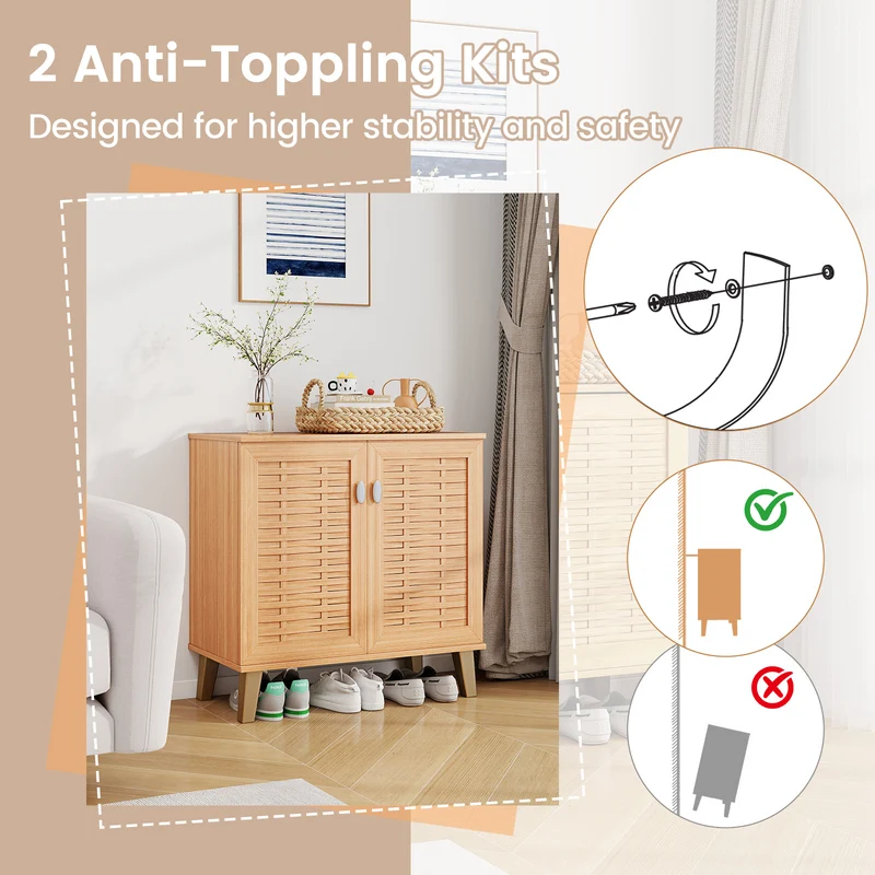 2-Door 4-Tier Shoe Cabinet, Ventilated Woven Doors, Teak