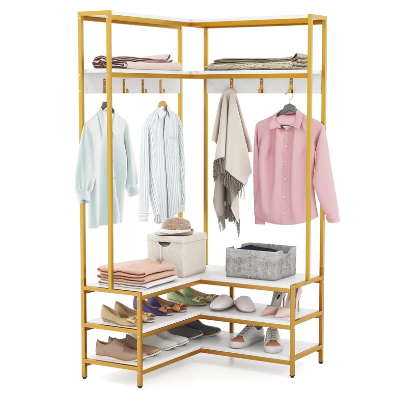 Corner Garment Rack With Open Shelves, 7 Hooks Shoe Bench, White