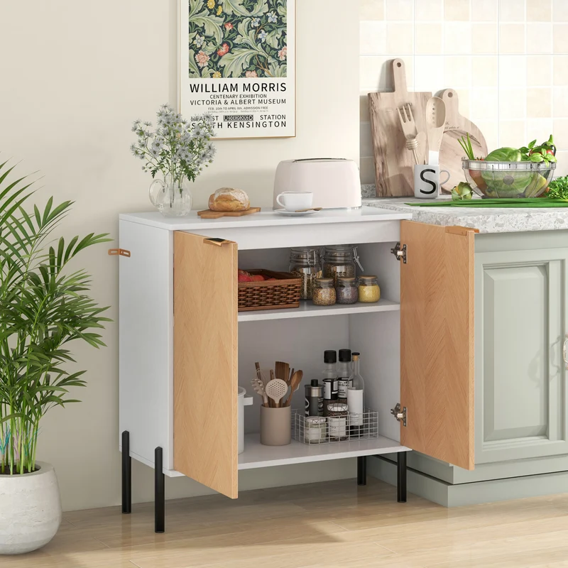 2-Door Buffet Cabinet With Shelf, Metal Legs, Natural Wood, White