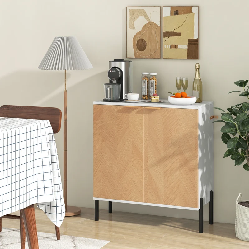 2-Door Buffet Cabinet With Shelf, Metal Legs, Natural Wood, White