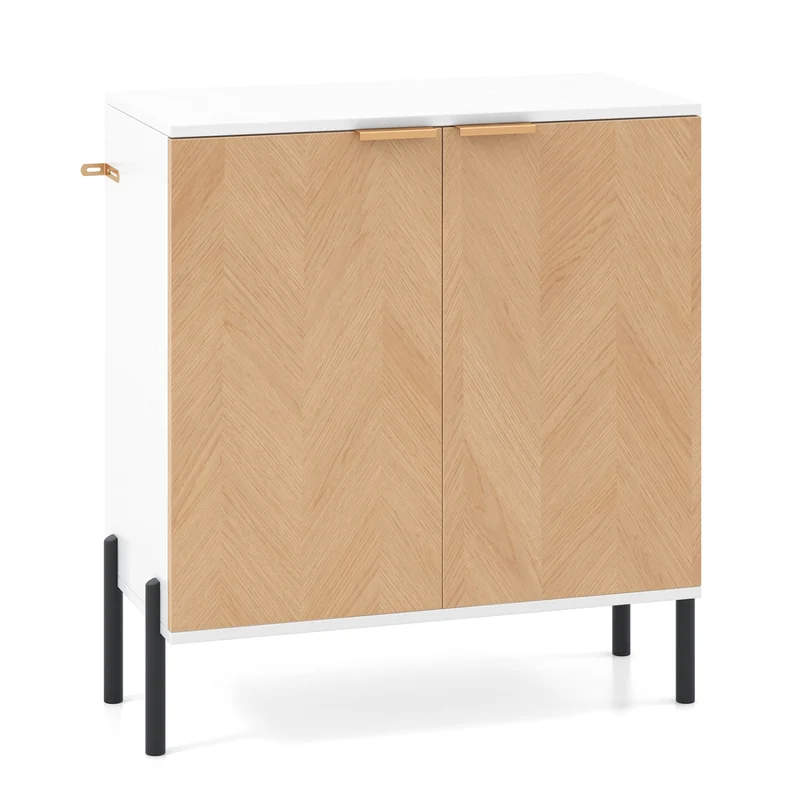 2-Door Buffet Cabinet With Shelf, Metal Legs, Natural Wood, White
