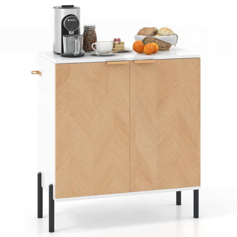 2-Door Buffet Cabinet With Shelf, Metal Legs, Natural Wood, White