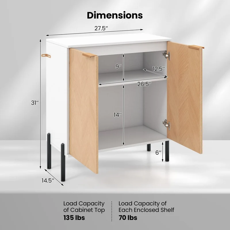 2-Door Buffet Cabinet With Shelf, Metal Legs, Natural Wood, White
