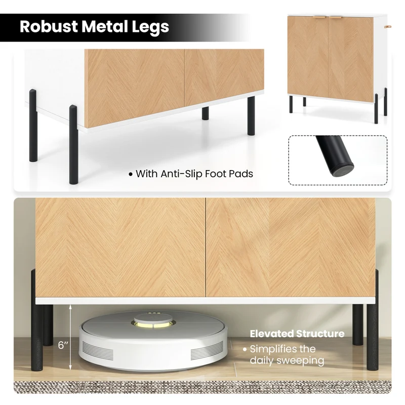 2-Door Buffet Cabinet With Shelf, Metal Legs, Natural Wood, White