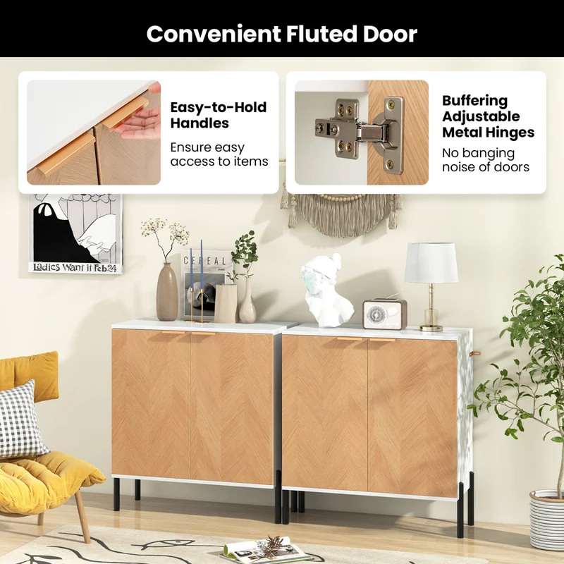 2-Door Buffet Cabinet With Shelf, Metal Legs, Natural Wood, White
