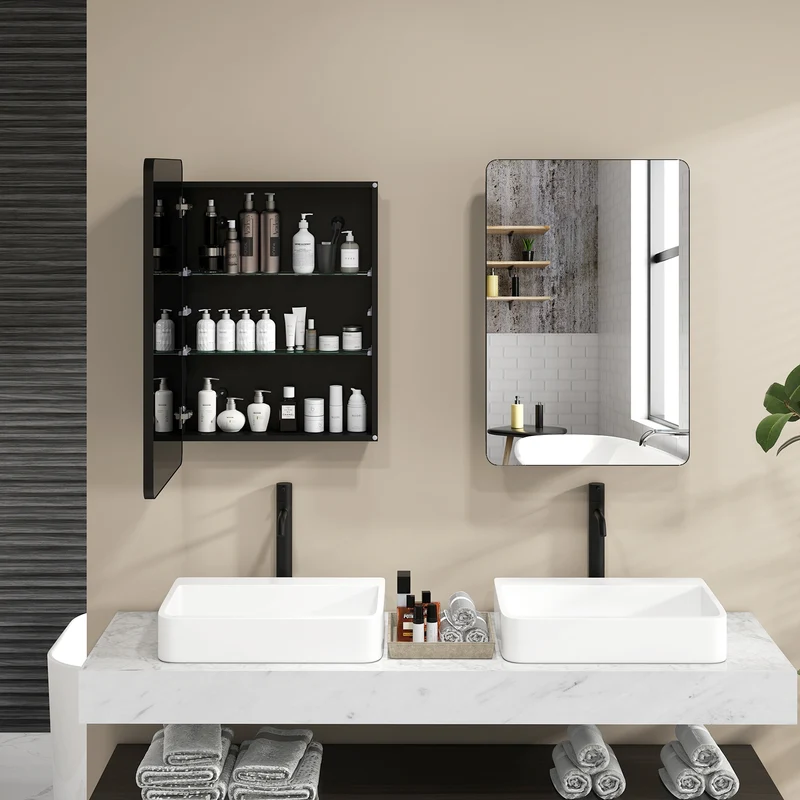 20x30 Inch Adjustable Shelf Bathroom Mirror Cabinet, Black