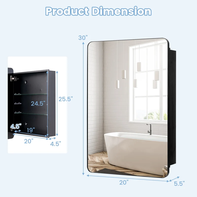 20x30 Inch Adjustable Shelf Bathroom Mirror Cabinet, Black
