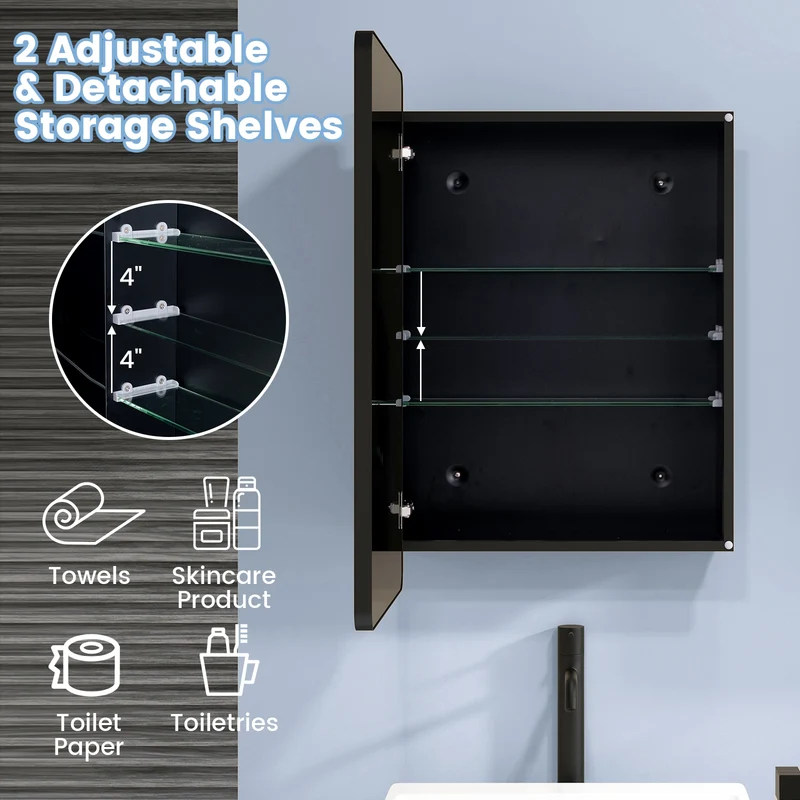 20x30 Inch Adjustable Shelf Bathroom Mirror Cabinet, Black