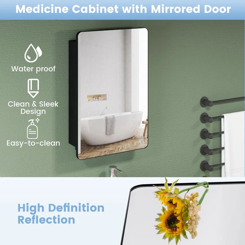 20x30 Inch Adjustable Shelf Bathroom Mirror Cabinet, Black