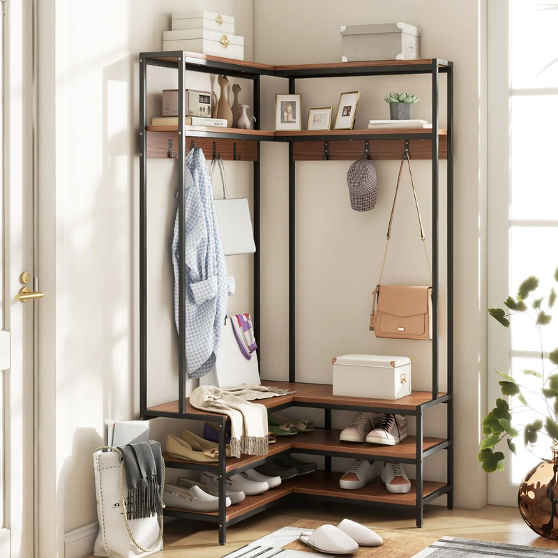 Corner Garment Rack With Shelves, 7 Hooks Shoe Bench, Walnut