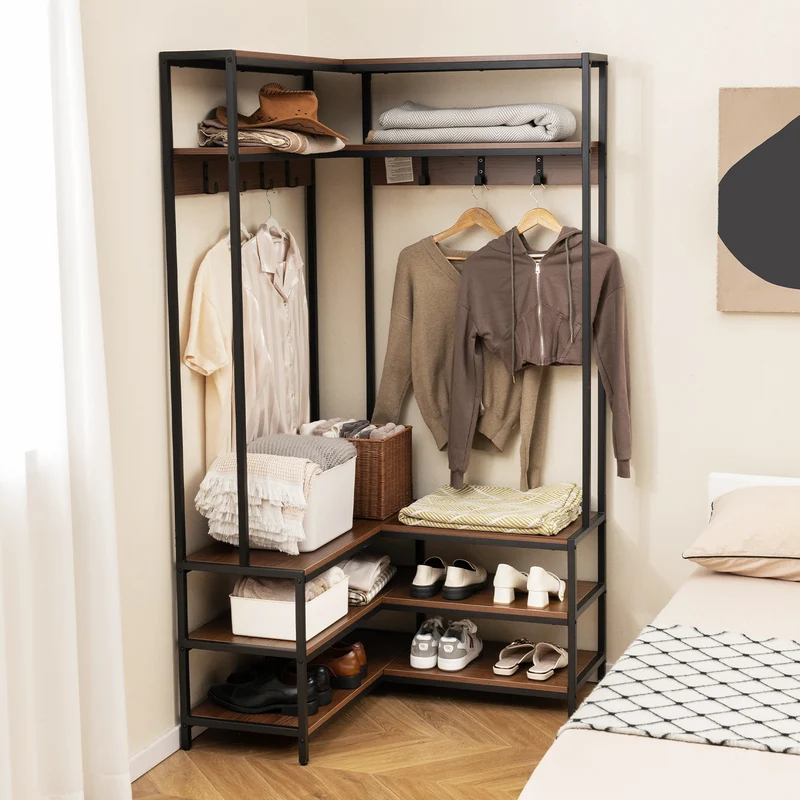 Corner Garment Rack With Shelves, 7 Hooks Shoe Bench, Walnut