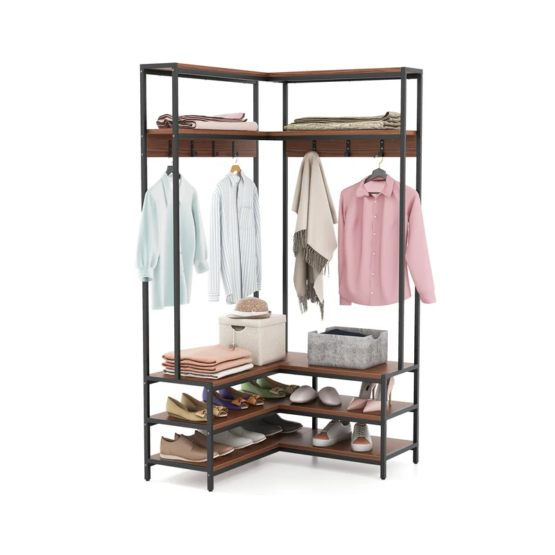Corner Garment Rack With Shelves, 7 Hooks Shoe Bench, Walnut