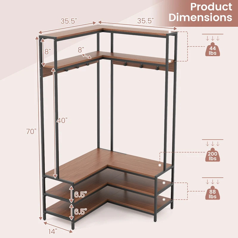 Corner Garment Rack With Shelves, 7 Hooks Shoe Bench, Walnut
