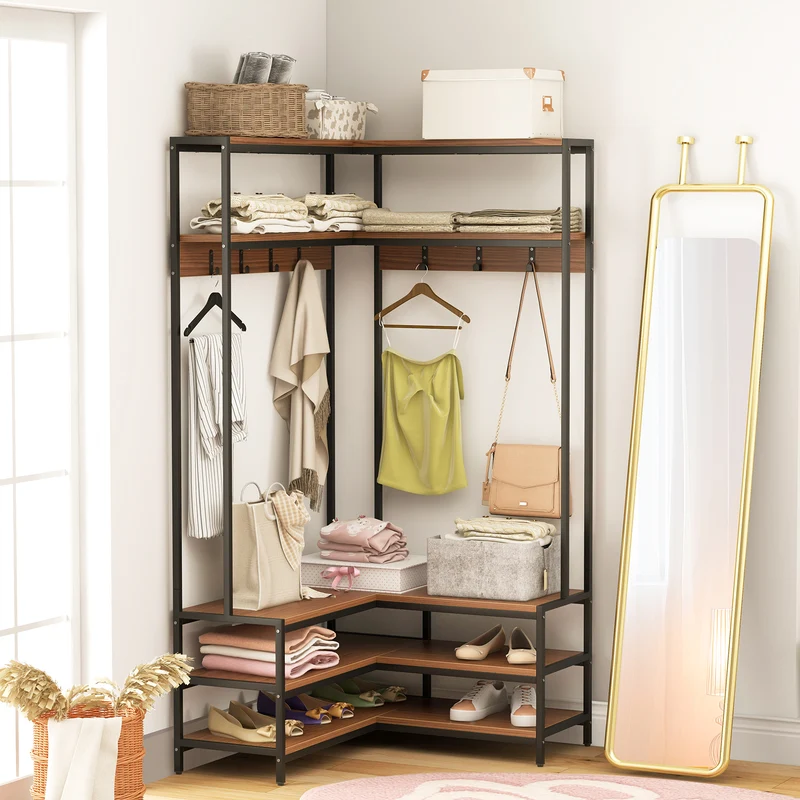 Corner Garment Rack With Shelves, 7 Hooks Shoe Bench, Walnut