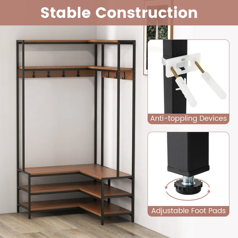 Corner Garment Rack With Shelves, 7 Hooks Shoe Bench, Walnut