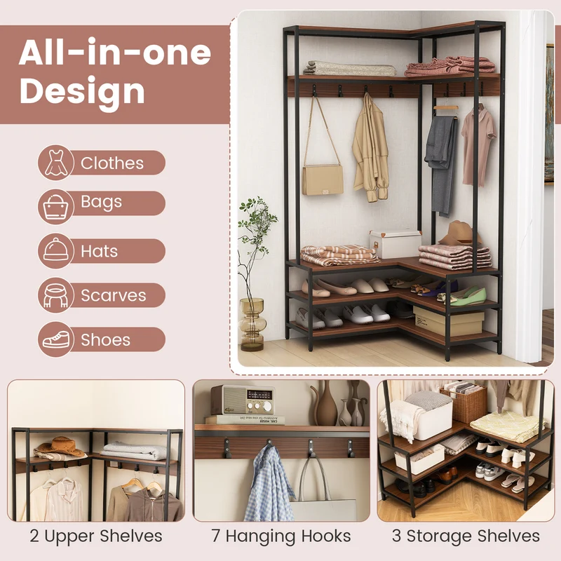 Corner Garment Rack With Shelves, 7 Hooks Shoe Bench, Walnut