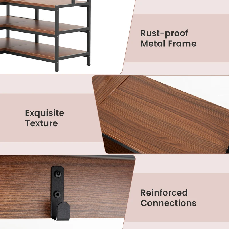 Corner Garment Rack With Shelves, 7 Hooks Shoe Bench, Walnut