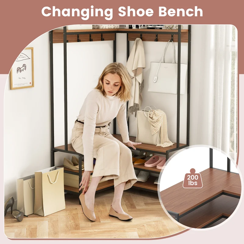 Corner Garment Rack With Shelves, 7 Hooks Shoe Bench, Walnut
