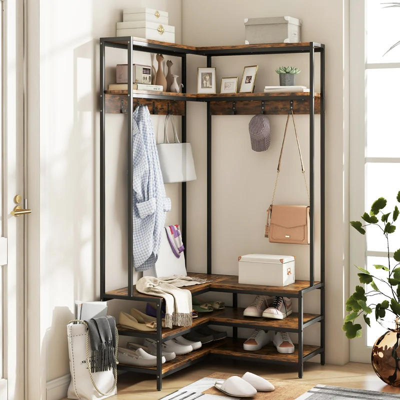 Corner Garment Rack With Open Shelves, 7 Hooks Shoe Bench, Rustic Brown