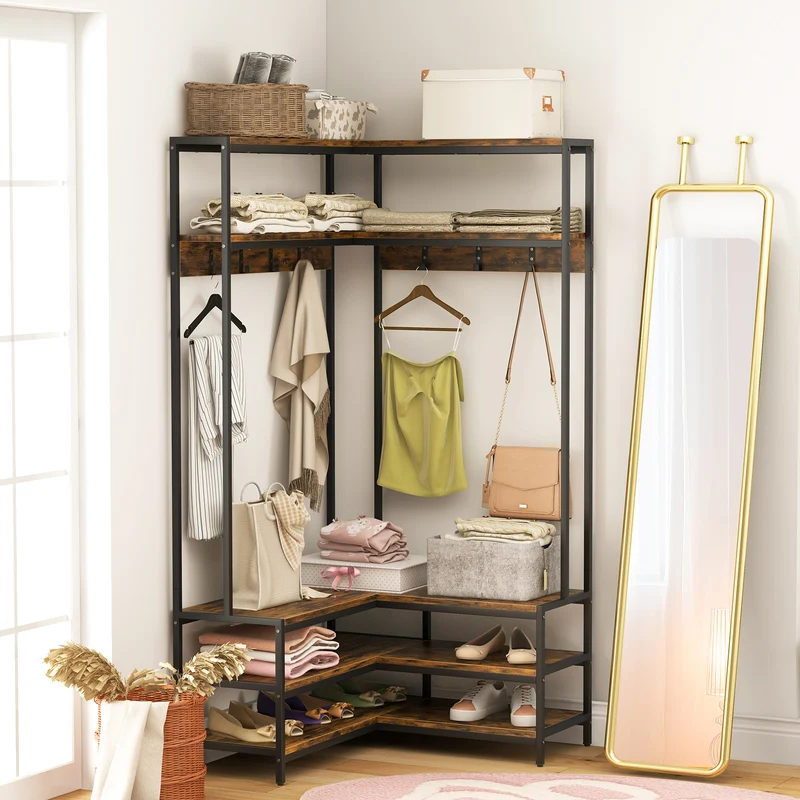 Corner Garment Rack With Open Shelves, 7 Hooks Shoe Bench, Rustic Brown