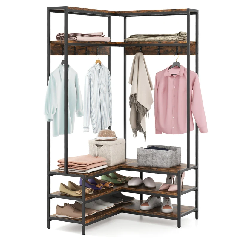 Corner Garment Rack With Open Shelves, 7 Hooks Shoe Bench, Rustic Brown
