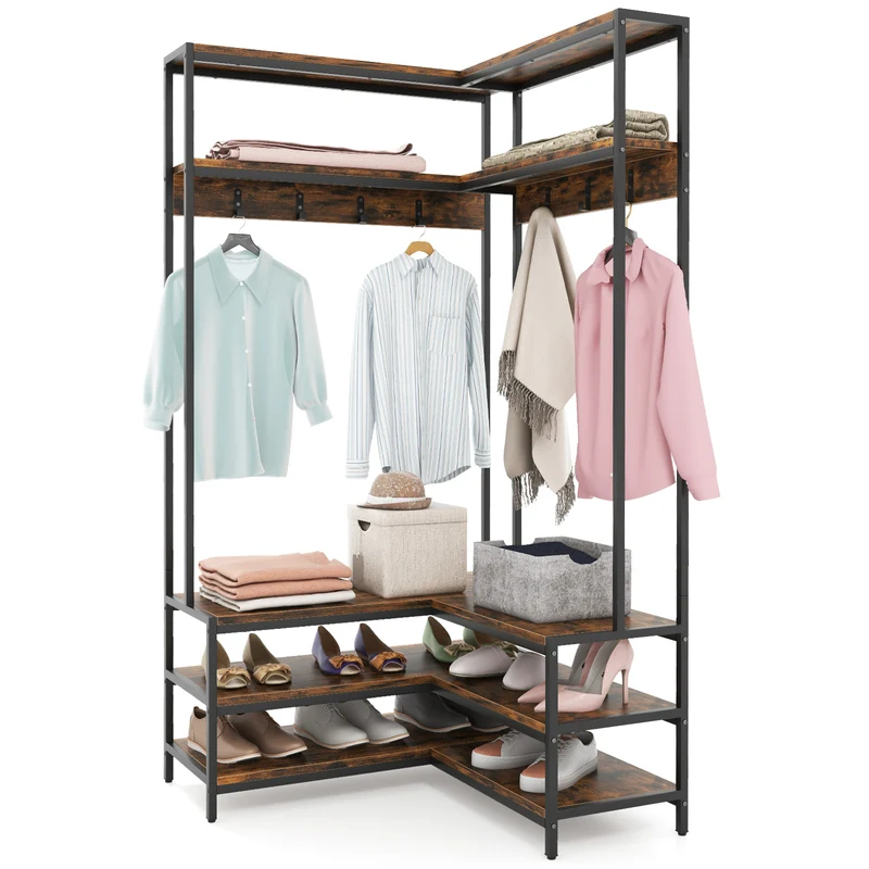 Corner Garment Rack With Open Shelves, 7 Hooks Shoe Bench, Rustic Brown