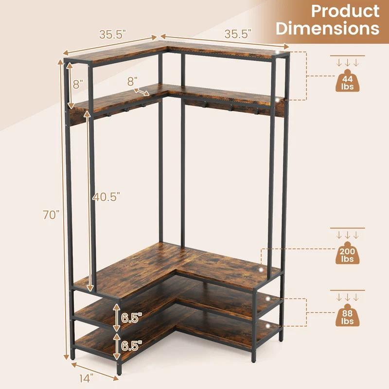 Corner Garment Rack With Open Shelves, 7 Hooks Shoe Bench, Rustic Brown