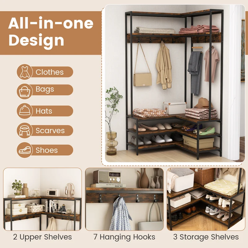 Corner Garment Rack With Open Shelves, 7 Hooks Shoe Bench, Rustic Brown