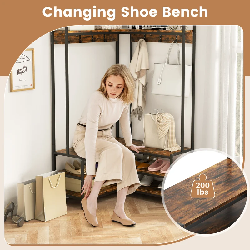 Corner Garment Rack With Open Shelves, 7 Hooks Shoe Bench, Rustic Brown