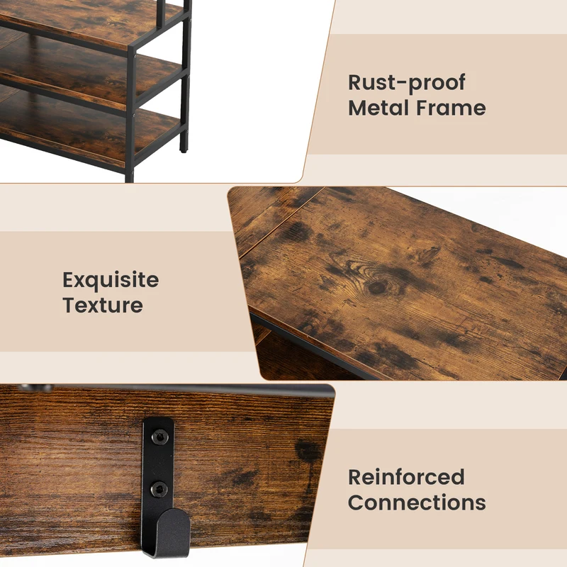 Corner Garment Rack With Open Shelves, 7 Hooks Shoe Bench, Rustic Brown