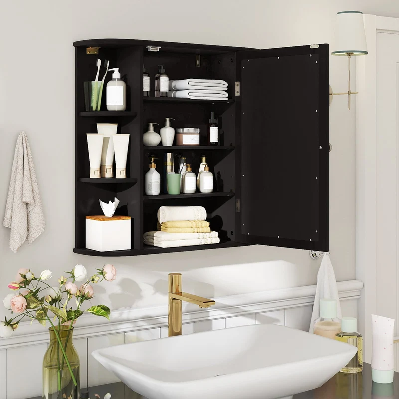 Wall Mounted Bathroom Mirror Cabinet With Storage Shelves, Black