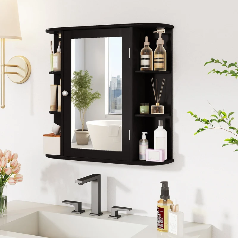 Wall Mounted Bathroom Mirror Cabinet With Storage Shelves, Black