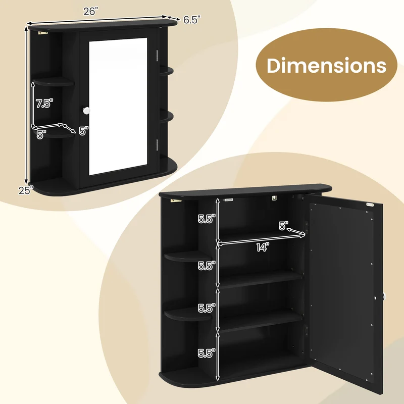 Wall Mounted Bathroom Mirror Cabinet With Storage Shelves, Black