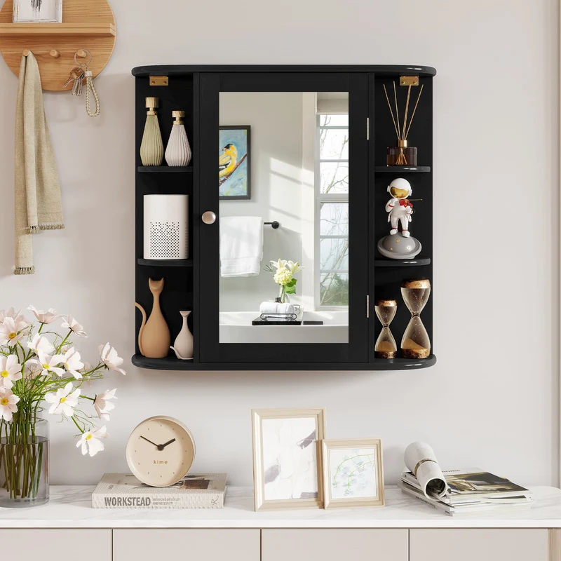 Wall Mounted Bathroom Mirror Cabinet With Storage Shelves, Black