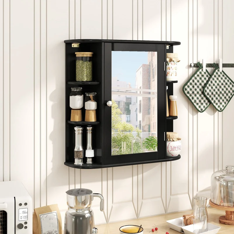 Wall Mounted Bathroom Mirror Cabinet With Storage Shelves, Black