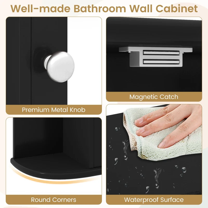 Wall Mounted Bathroom Mirror Cabinet With Storage Shelves, Black