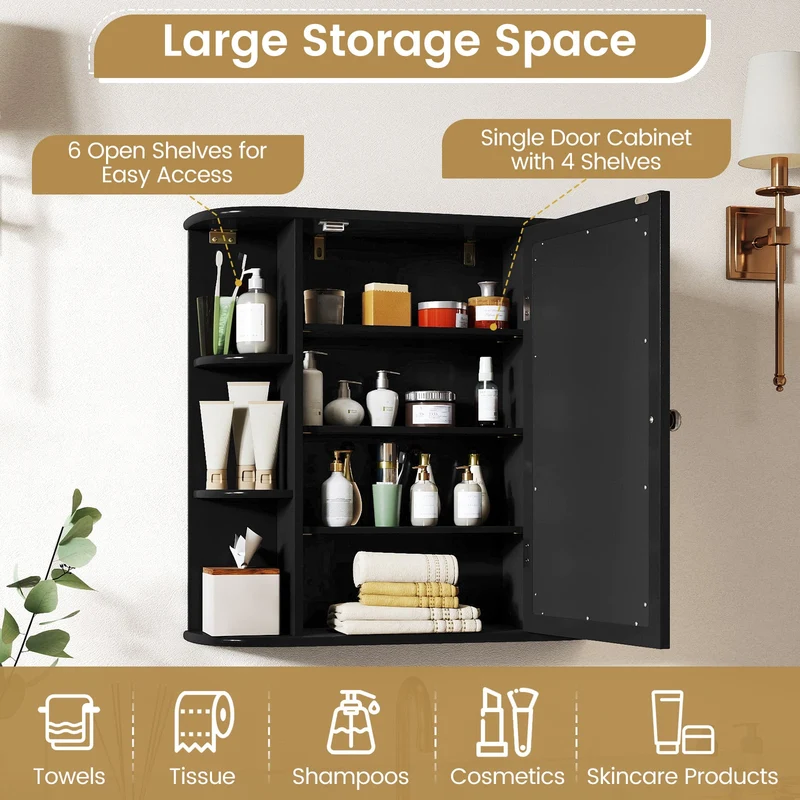 Wall Mounted Bathroom Mirror Cabinet With Storage Shelves, Black