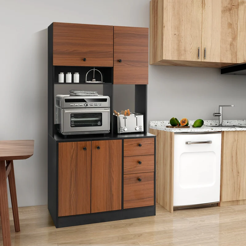 71 Inch Kitchen Pantry, 3 Cabinet 3 Drawer Storage, Black