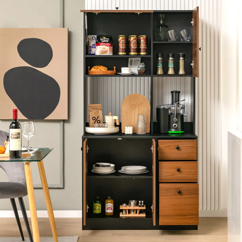 71 Inch Kitchen Pantry, 3 Cabinet 3 Drawer Storage, Black