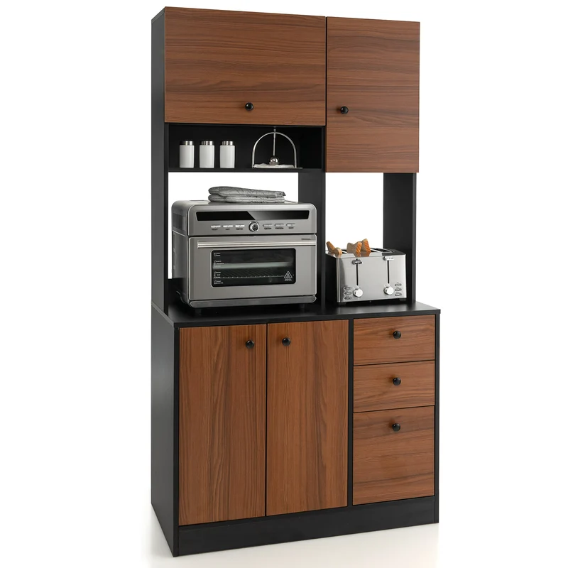 71 Inch Kitchen Pantry, 3 Cabinet 3 Drawer Storage, Black