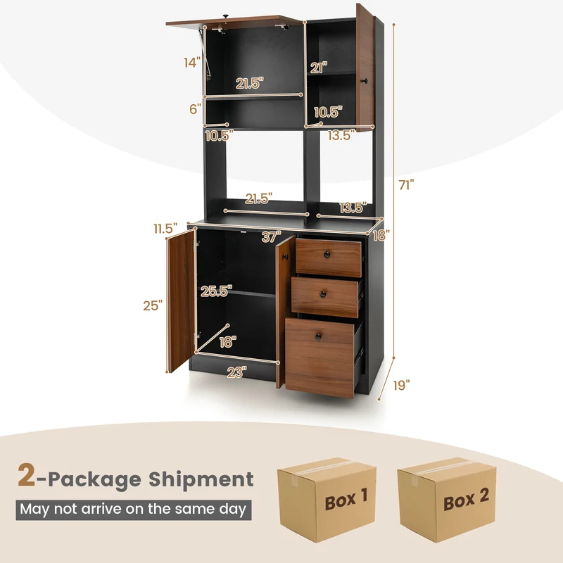 71 Inch Kitchen Pantry, 3 Cabinet 3 Drawer Storage, Black