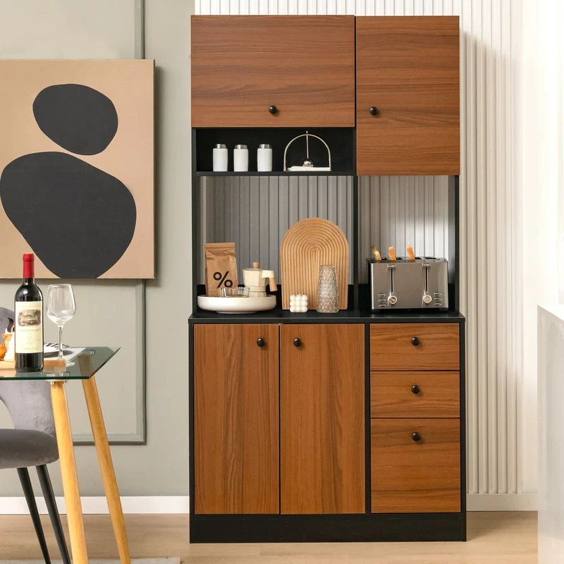 71 Inch Kitchen Pantry, 3 Cabinet 3 Drawer Storage, Black